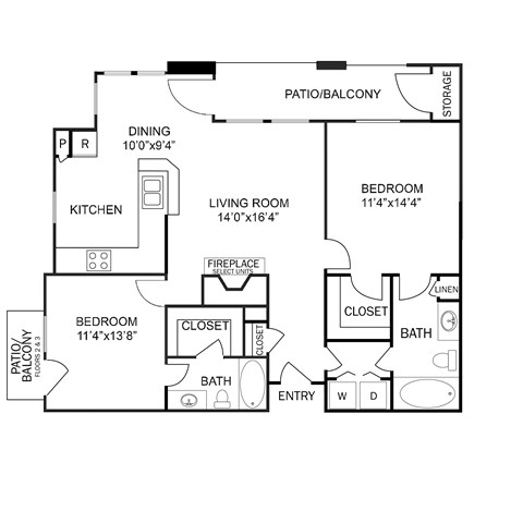 Floor plan for 2 beds, 2 baths, 1054 sqft